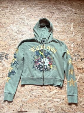 Ed Hardy Sage Green Graphic Zip Hoodie with Yellow Accents